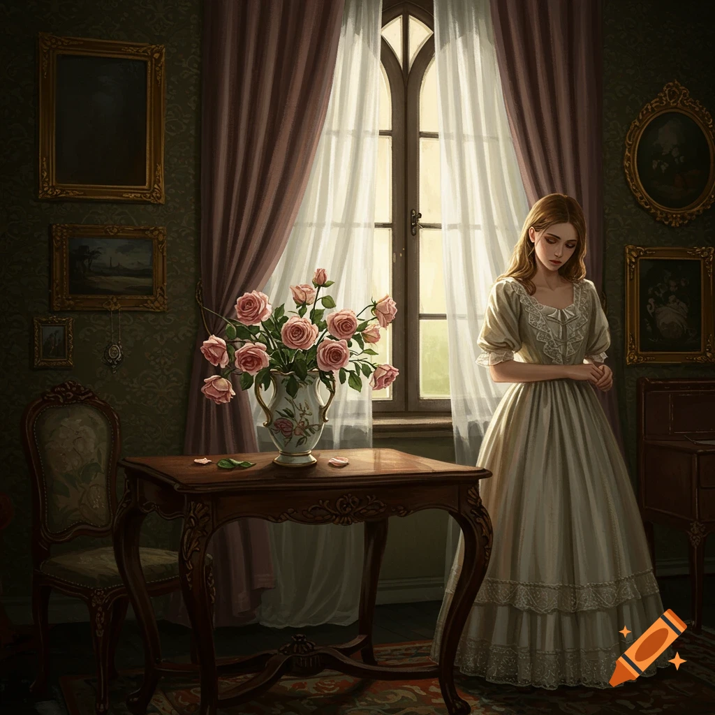 A painting of a woman in a Victorian dress standing by a window with a vase of pink roses on a table.