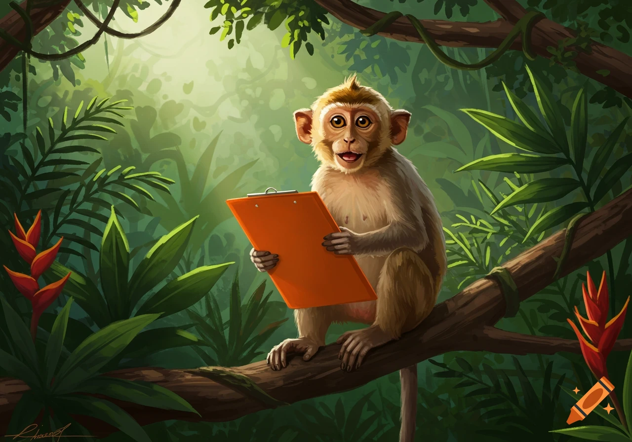 A cartoon monkey with a happy expression sits on a tree branch in a lush green jungle, holding an orange clipboard.