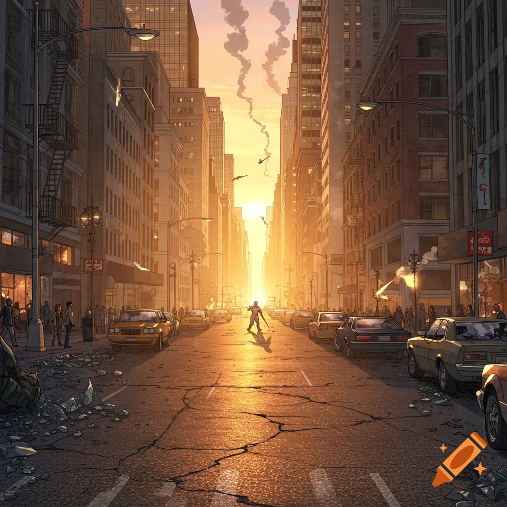 A lone figure stands in the middle of a damaged city street at sunset, cracked pavement and debris surrounding cars in a comic book style.
