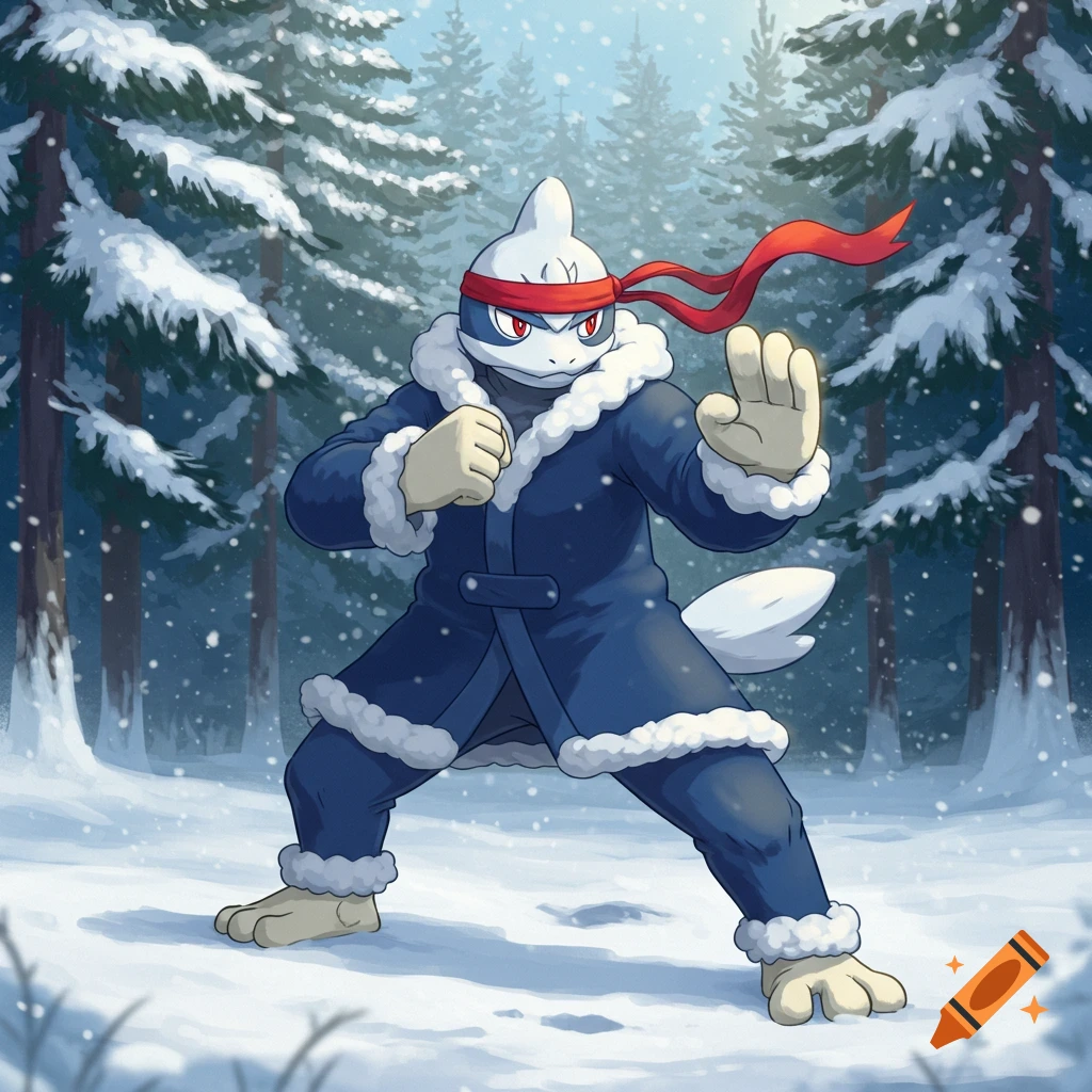 A humanoid Pokemon-like creature in a blue parka and red headband doing a karate pose in a snowy forest.
