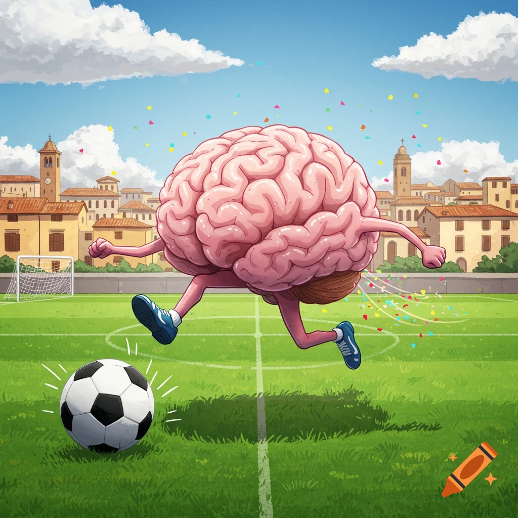 A cartoon brain with arms and legs runs on a soccer field towards a soccer ball, with an Italian town in the background.
