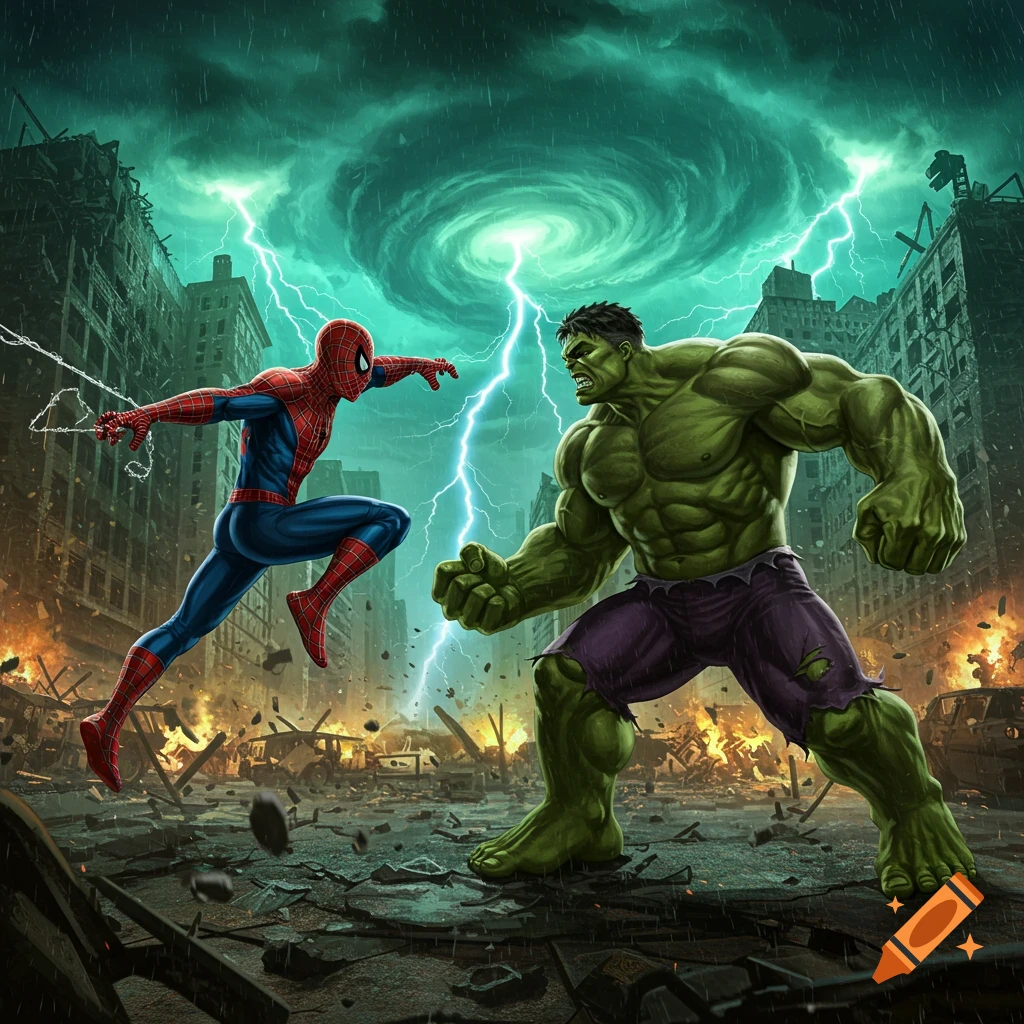 Spider-Man and Hulk battle in a destroyed city under a stormy, lightning-filled sky.