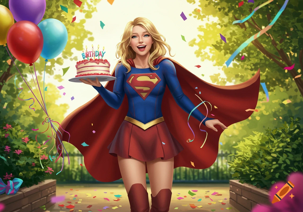A cheerful Supergirl holds a birthday cake with candles, surrounded by colorful balloons and confetti in a bright outdoor setting.