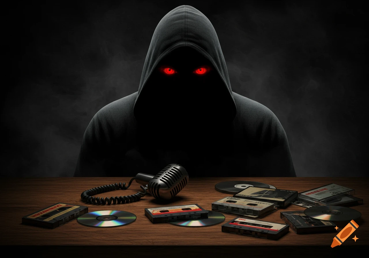 A dark hooded figure with glowing red eyes sits behind a wooden table with a microphone, audio cassettes, and CDs scattered across it.