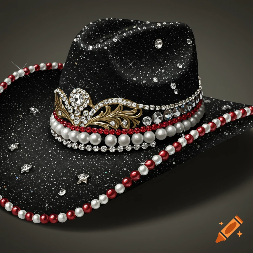 A black cowboy hat adorned with sparkling clear rhinestones, red and white pearls, and glitter.