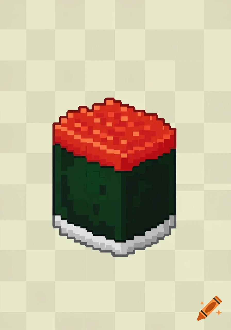 A vibrant pixelated sushi roll with a red topping, green seaweed, and white rice on a checkered background.