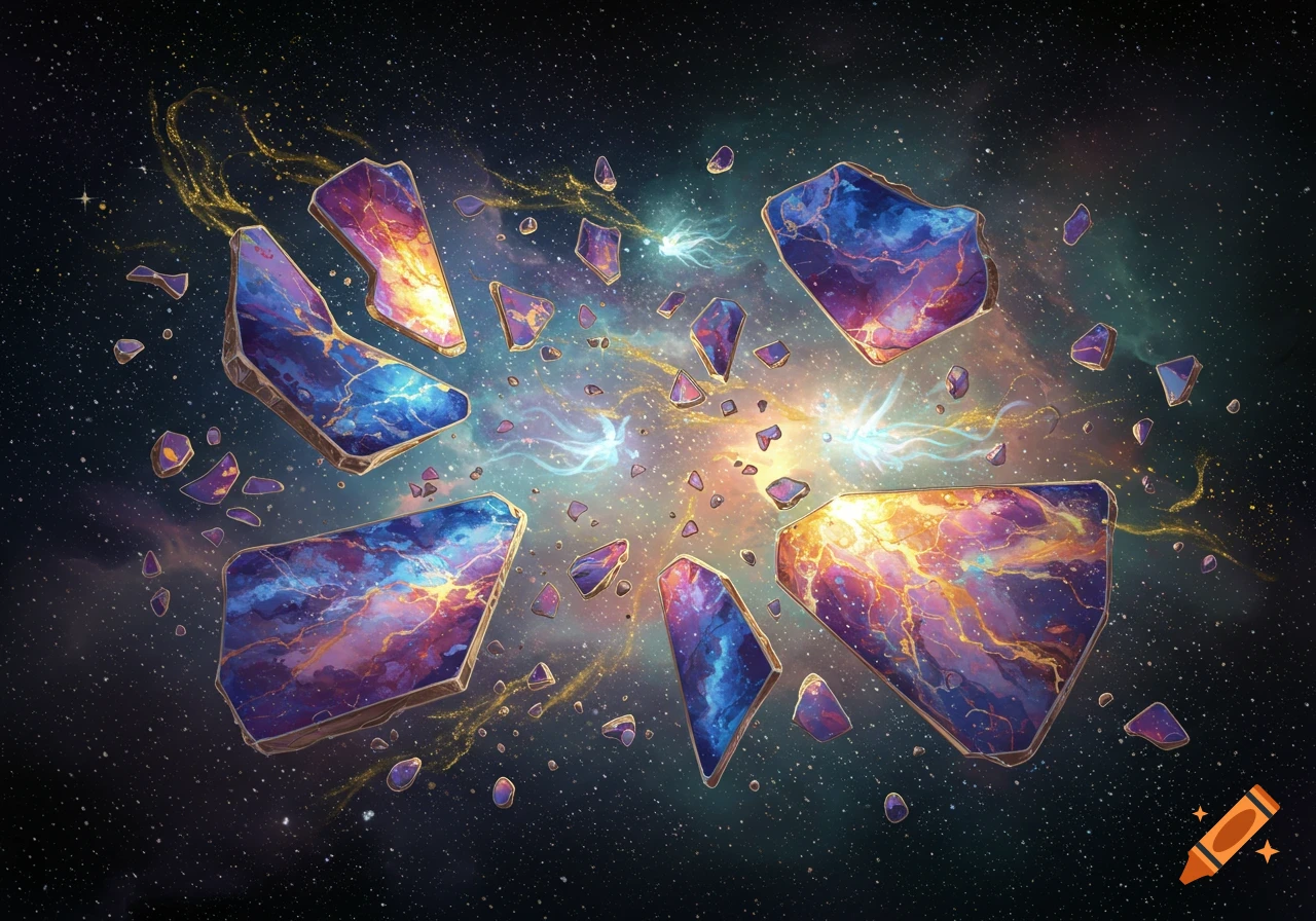 Vibrant, abstract, shattered jewel-like pieces float in a cosmic space with stars and nebulae.