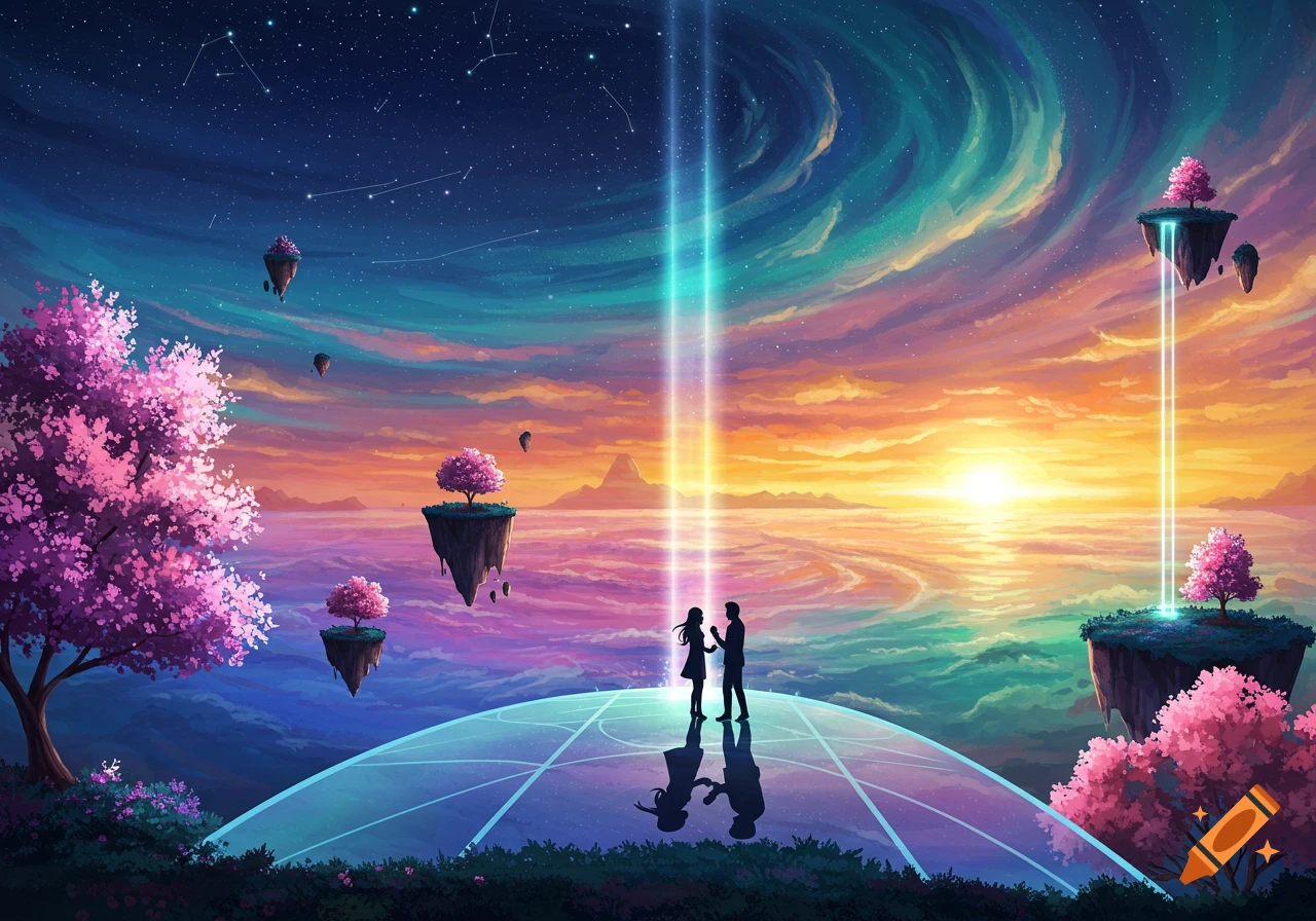 Two silhouetted figures on a glowing platform under a vibrant sunset sky and starry night with floating islands and cherry blossom trees.