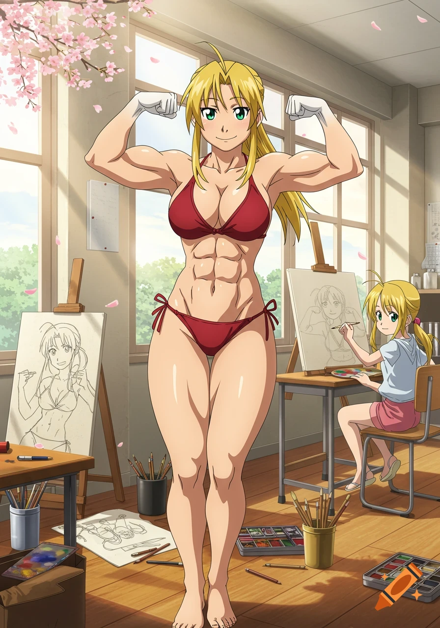 An anime woman in a red bikini flexes her muscles in an art class while a young girl draws her on an easel.
