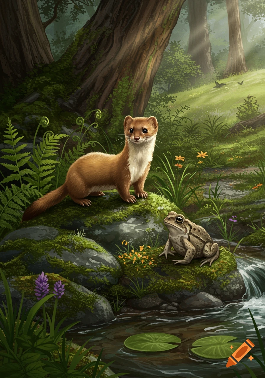 A brown weasel and a patterned toad sit on mossy rocks beside a stream in a lush, sun-dappled forest.