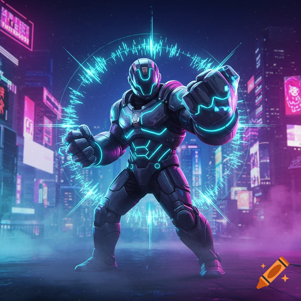 A powerful futuristic robot in a dark cyberpunk city, glowing with blue and purple neon lights. A circular soundwave effect emanates from its chest.