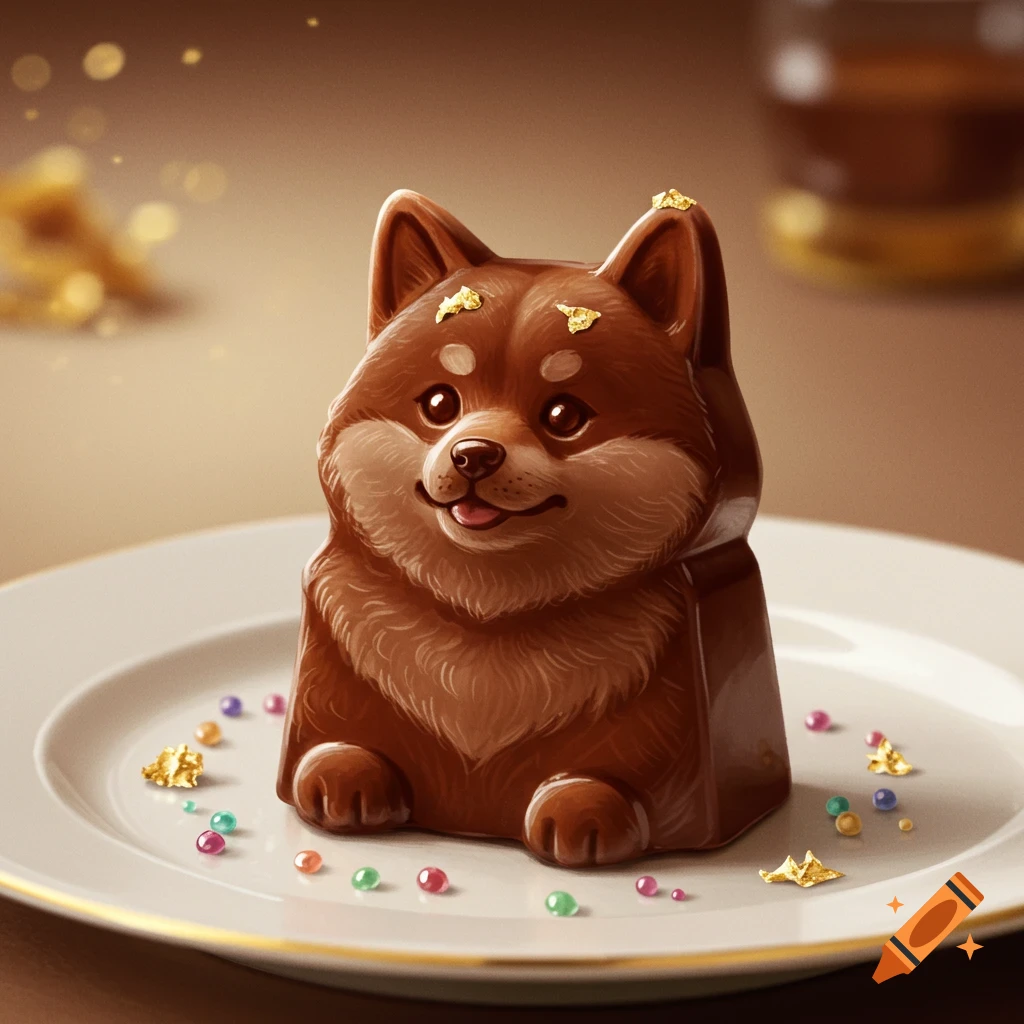 A chocolate bar shaped like a shiba dog, garnished with gold flakes and colorful sprinkles on a white plate.