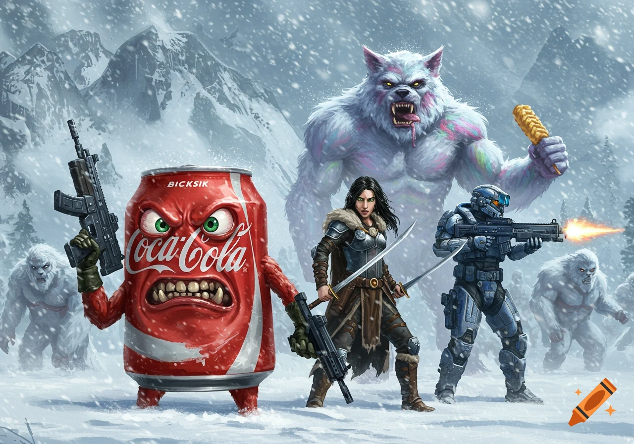 An angry Coca-Cola can with a gun, a warrior princess with swords, a futuristic marine shooting, and a rainbow werewolf with a corndog standing in a snowy mountain blizzard surrounded by yetis.