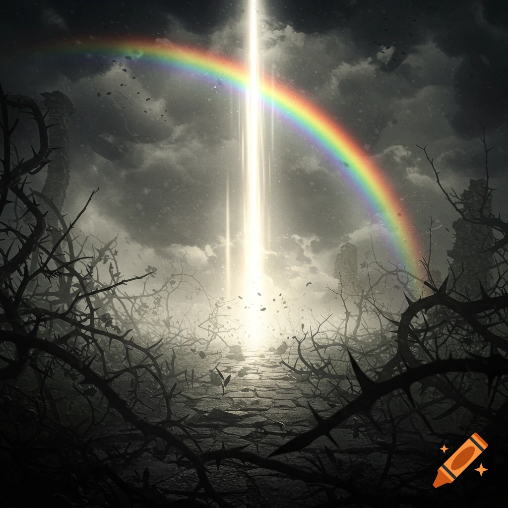 A bright beam of light pierces a dark, thorny landscape under a stormy sky with a rainbow.