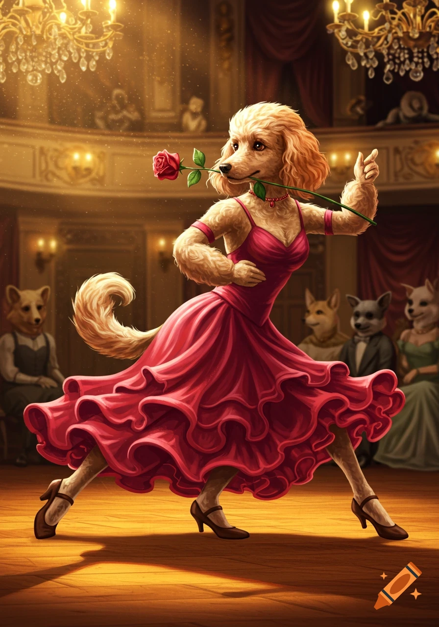 An anthropomorphic poodle in a red ruffled dress dances tango with a rose in its mouth in a ballroom, watched by other animal figures.