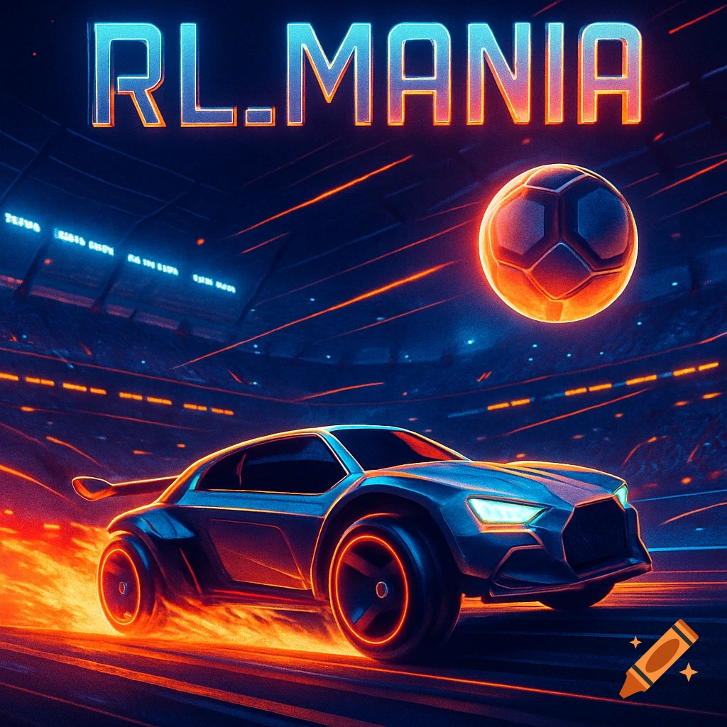 A futuristic car with orange glowing wheels and exhaust trails, and a glowing orange soccer ball, in a neon-lit stadium. "RL.MANIA" text is at the top.