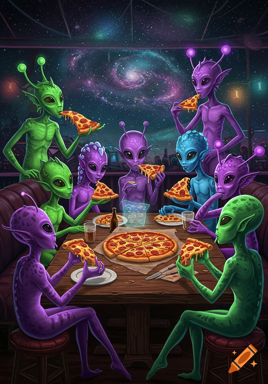 Colorful illustrated aliens eating pizza around a table in a bar with a cosmic view.