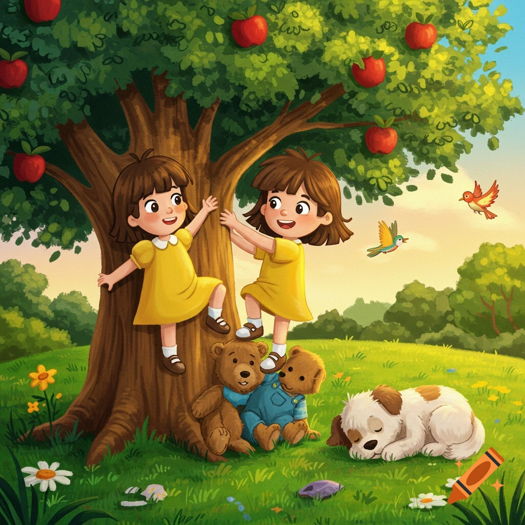 Two young girls climb an apple tree while teddy bears and a sleeping puppy relax below in a sunny, vibrant field.
