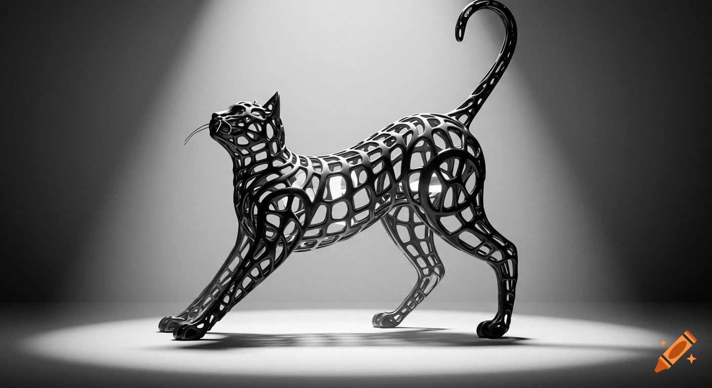 A black openwork sculpture of a cat stretching in a dramatic black and white light.