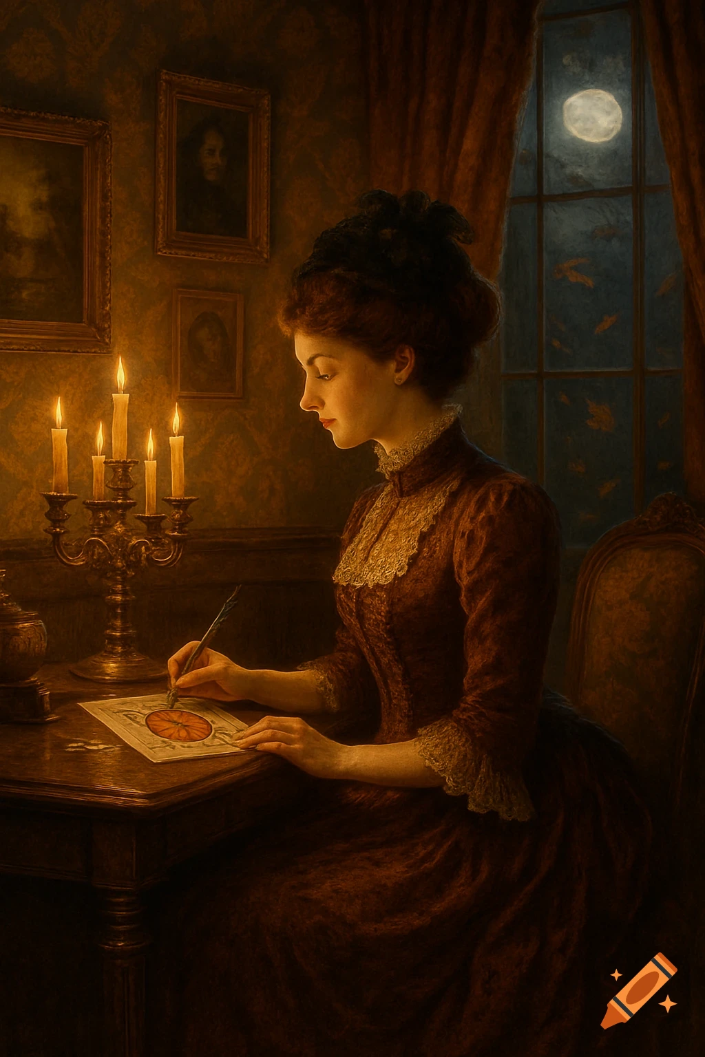 A Victorian woman with auburn hair sits at a candlelit wooden desk, drawing on a paper, in a dimly lit room with framed art and a large window revealing a full moon.