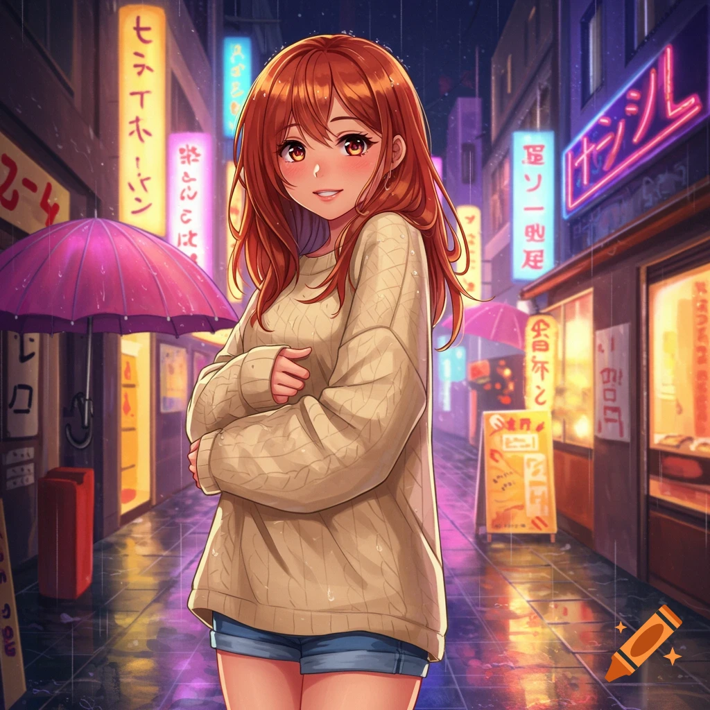 A smiling ginger-haired anime girl in a beige sweater and jean shorts stands on a rainy city street at night, illuminated by neon signs.