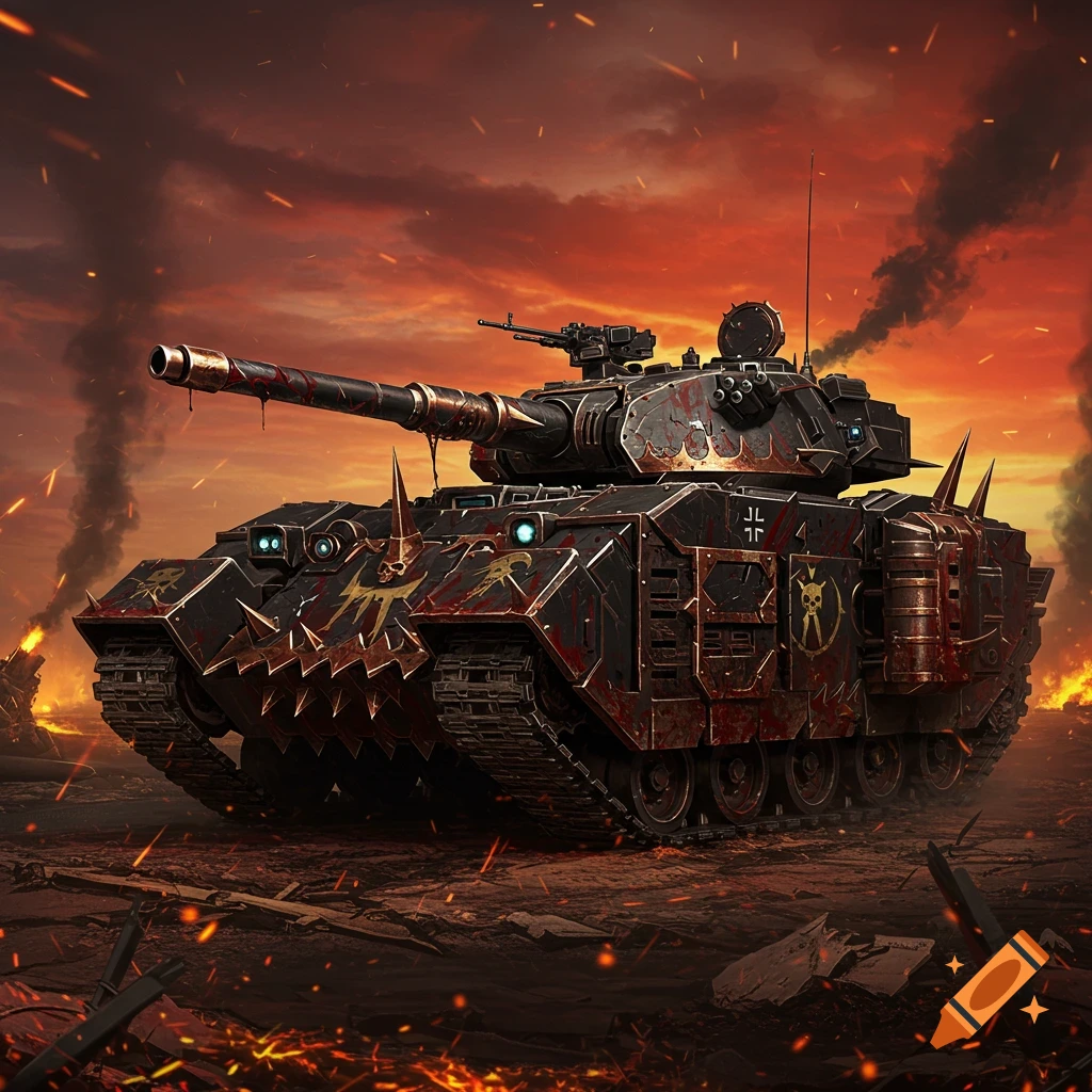 A heavily armored, spiky black and red Chaos Space Marine tank with a long barrel in a fiery, war-torn landscape under an orange sky.