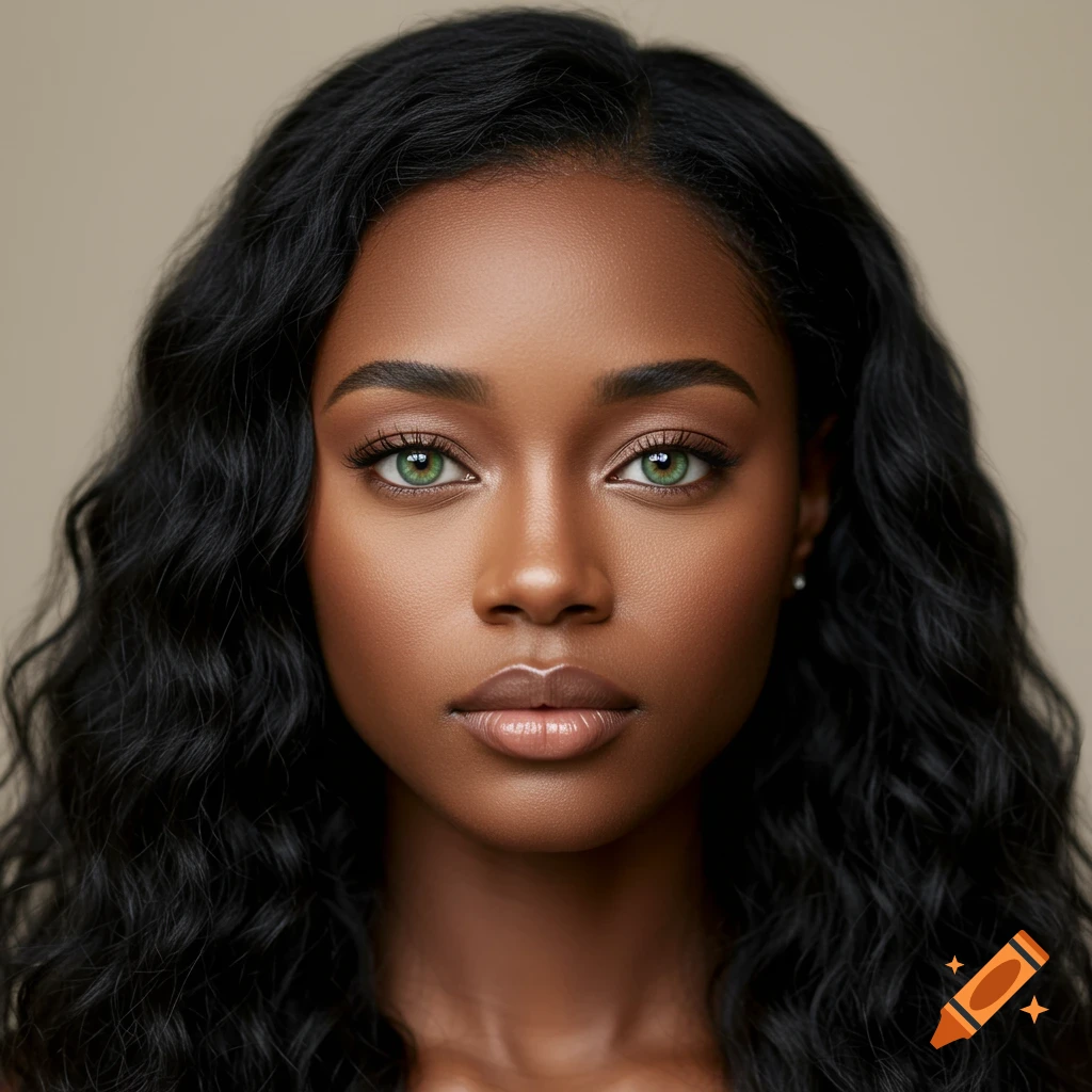Photorealistic close-up portrait of a Black woman with long black wavy hair and striking green eyes.