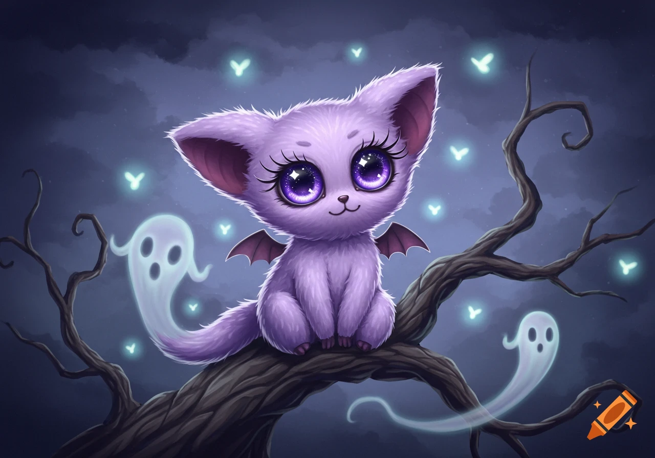 A cute purple furry creature with large eyes and bat wings sits on a bare tree branch at night, surrounded by glowing moths and two white ghosts.