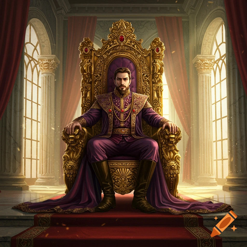 A regal emperor in a purple and gold robe sits on a magnificent golden throne in a grand hall with red curtains.