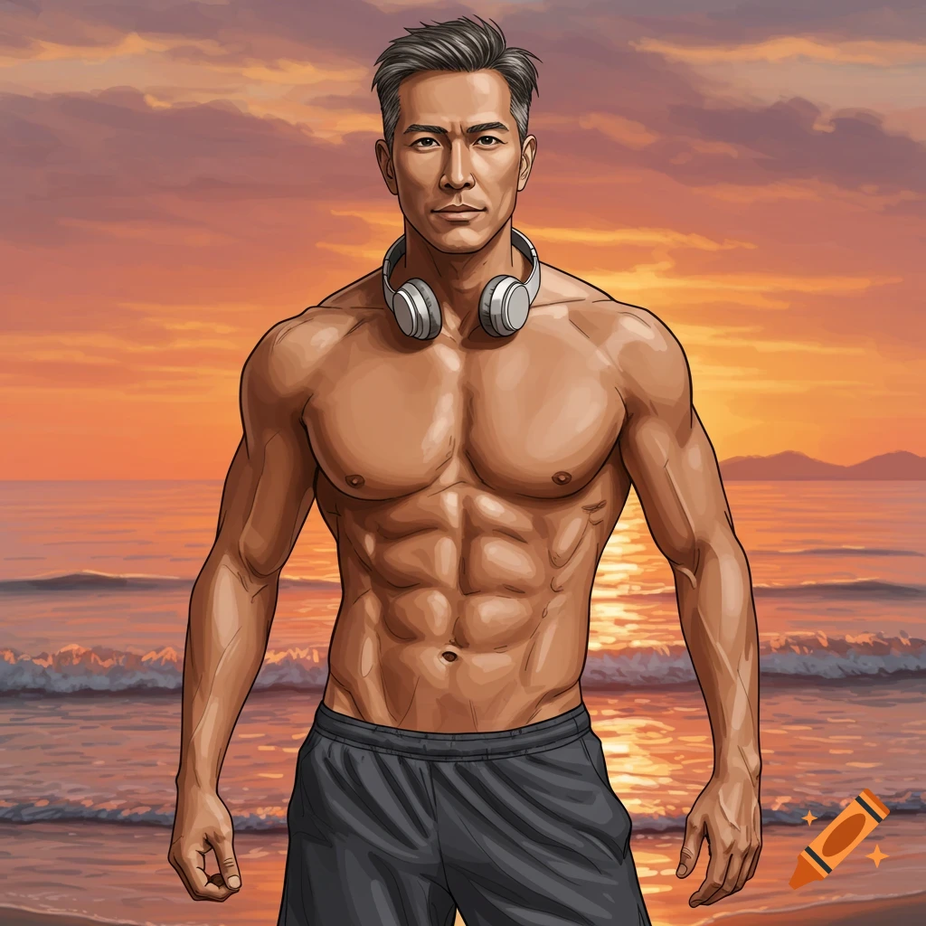 Illustration of a muscular man wearing headphones on a beach at sunset.