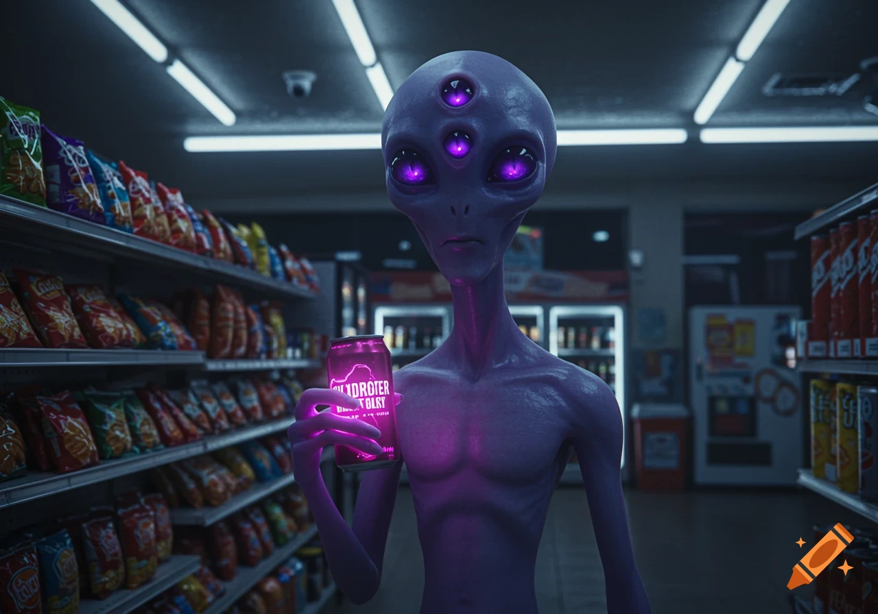A purple alien with glowing eyes holds a can in a dimly lit convenience store, photorealistic style.