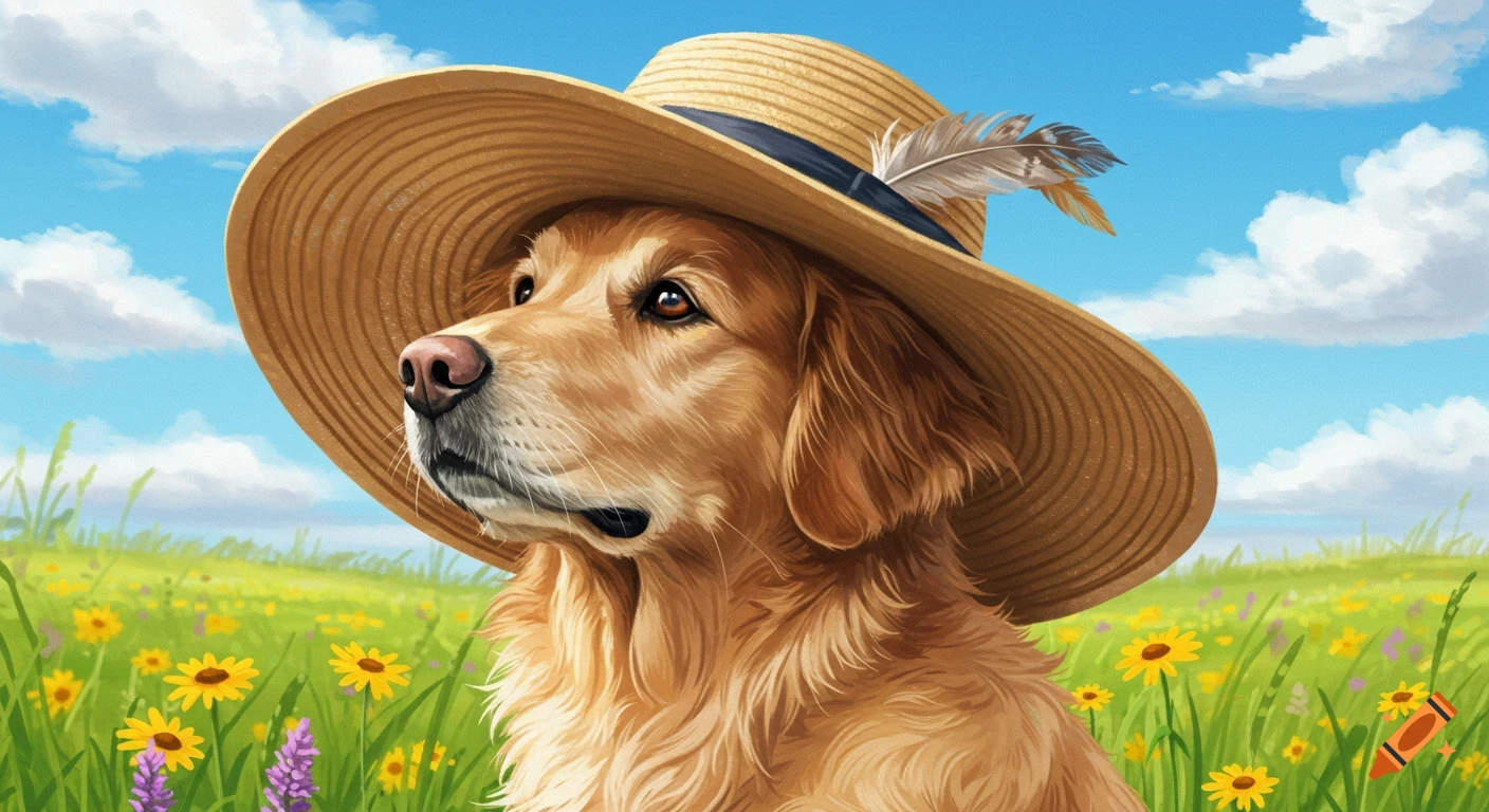 A golden retriever wears a straw hat with a feather, looking left in a sunny field with yellow flowers and a blue, cloudy sky.