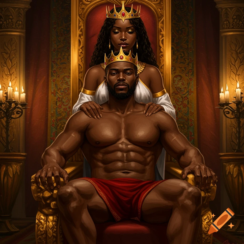 A regal portrait of a shirtless Black king on a golden throne, with his Black queen standing behind him, both wearing crowns.