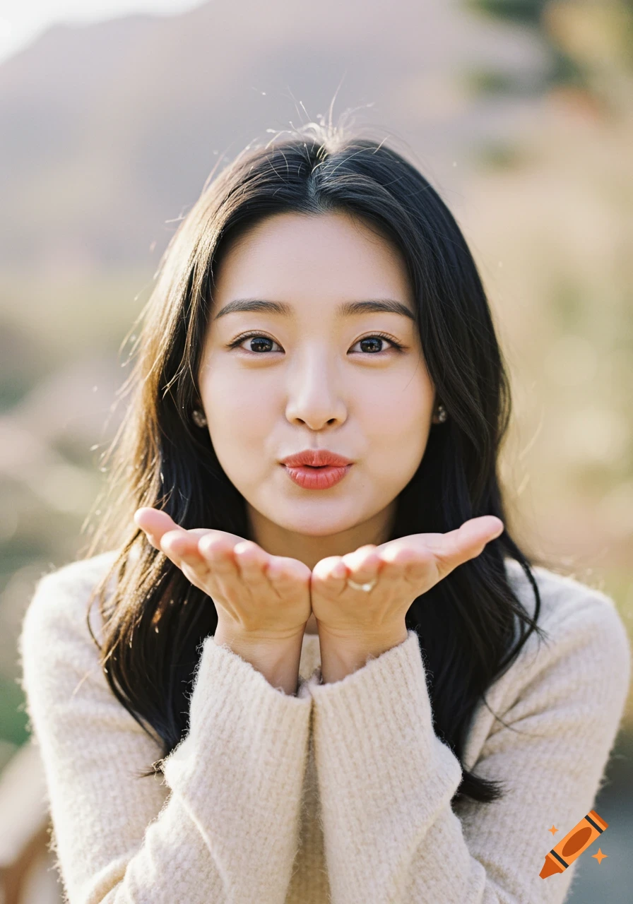 A young woman with dark hair blows a kiss directly at the camera, with a soft outdoor background in a photorealistic style.