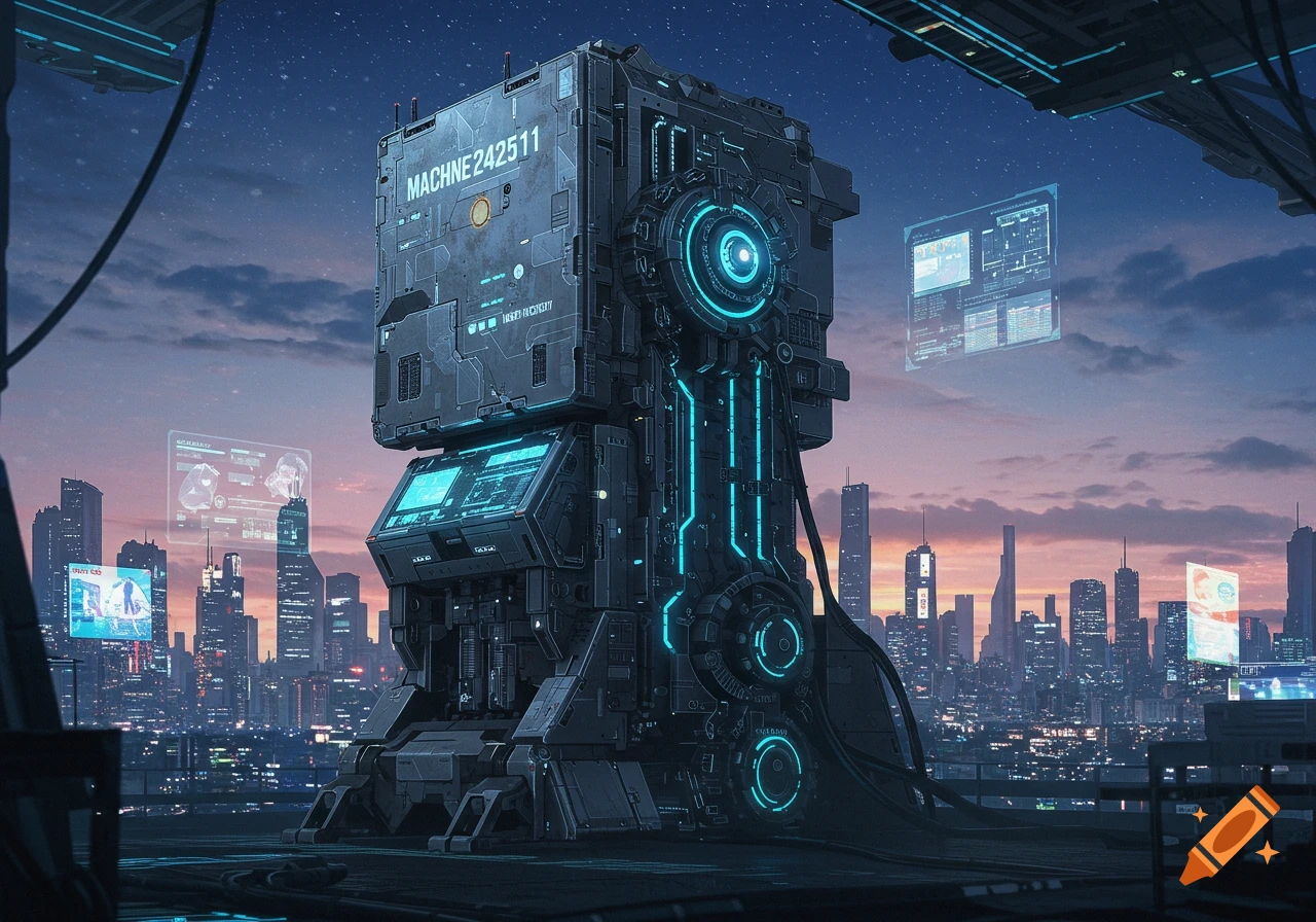 A giant sci-fi machine with glowing blue lights on a rooftop, towering over a futuristic city with holographic screens at dusk.