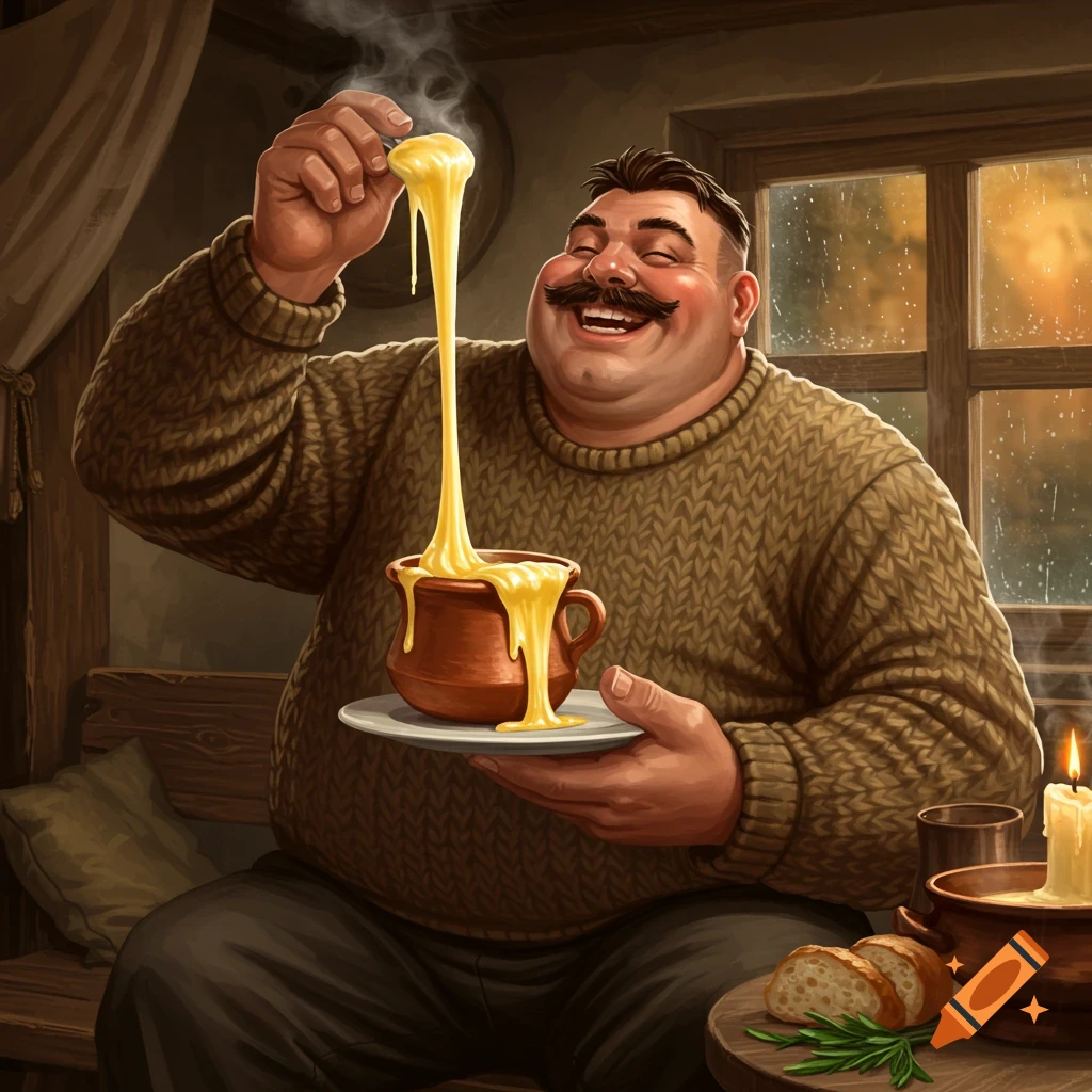An illustration of a jovial man with a mustache happily pulling a long string of melted cheese from a pot.