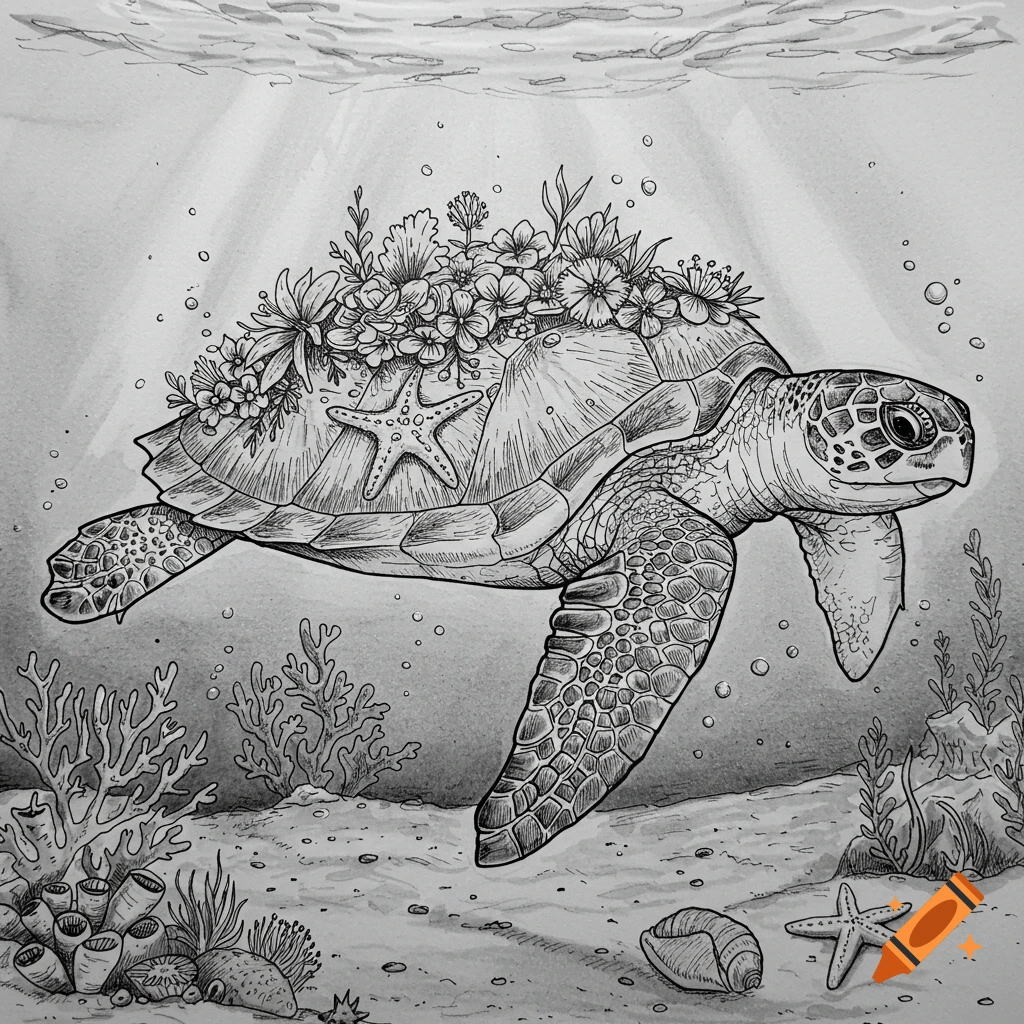 Black and white sketch of a sea turtle with flowers and starfish on its shell, swimming in a detailed underwater scene.