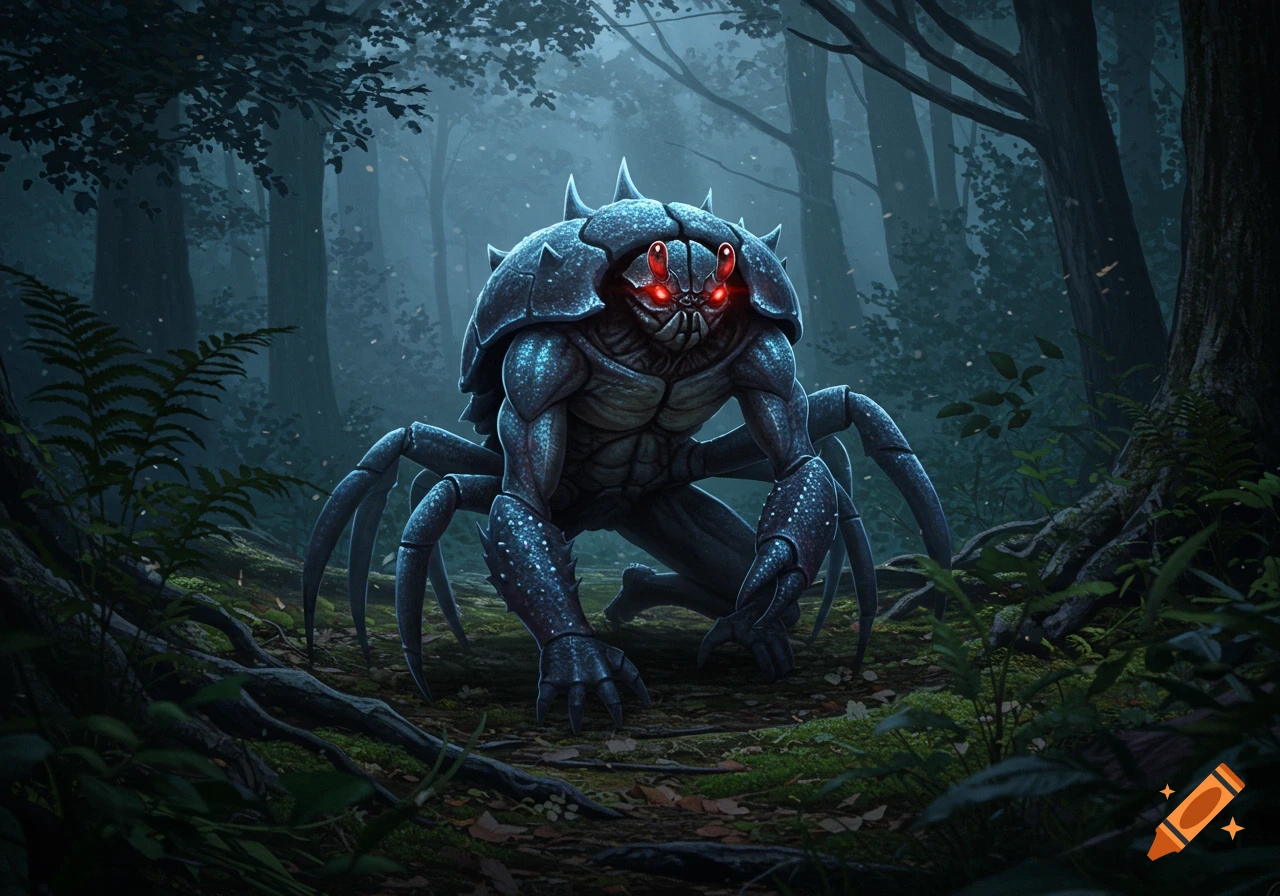 A humanoid crab mutant with a blue-tinted shell and glowing red eyes crouches in a dark, misty forest.