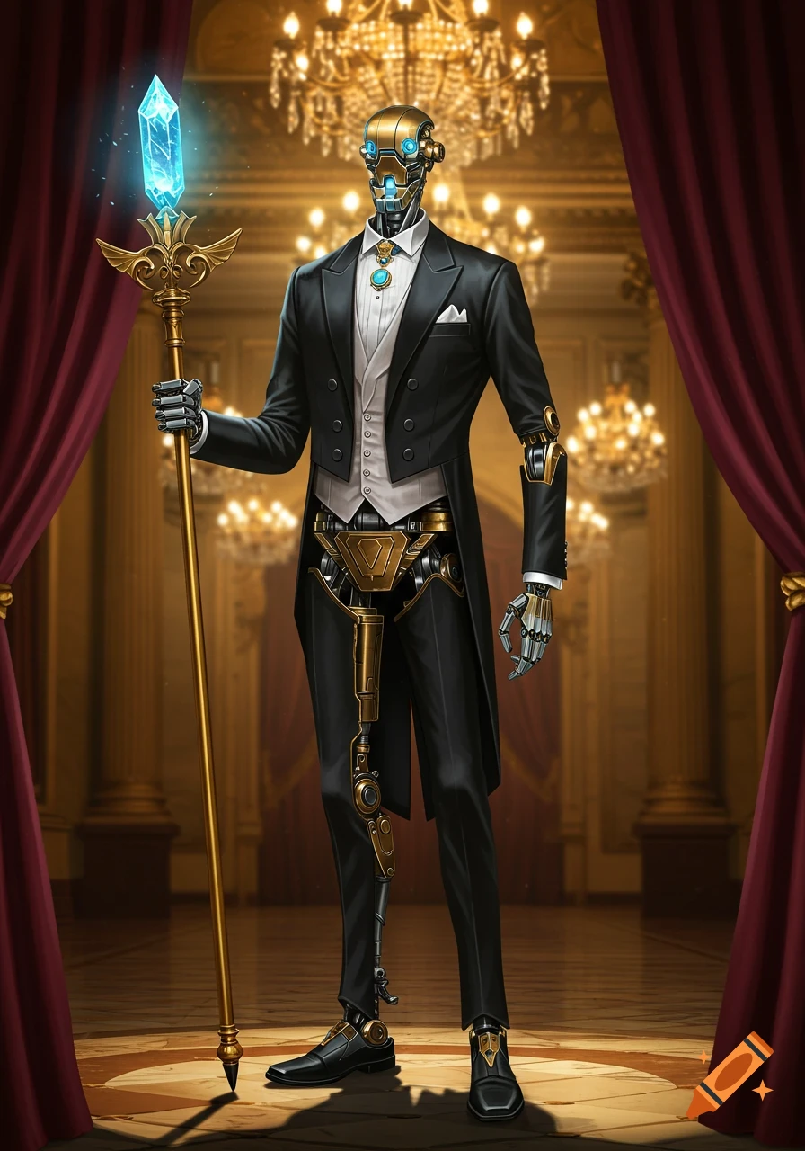 A refined automaton in a black tuxedo stands holding a gilded scepter with a glowing blue crystal, in an opulent hall.