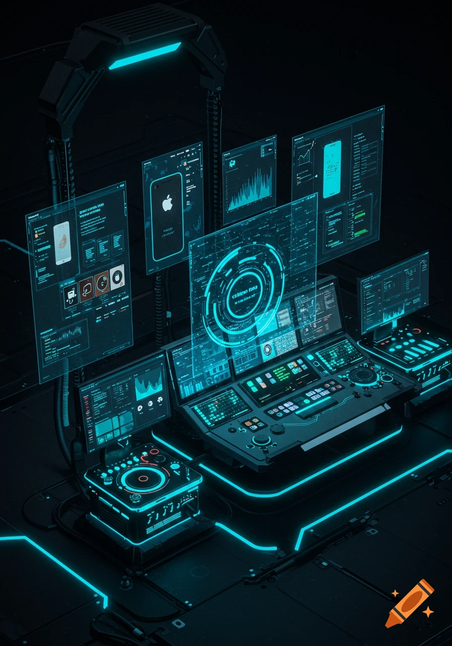 A dark, futuristic digital illustration of advanced programmer tools and mobile software services, featuring glowing neon blue accents, holographic screens, and complex controls.