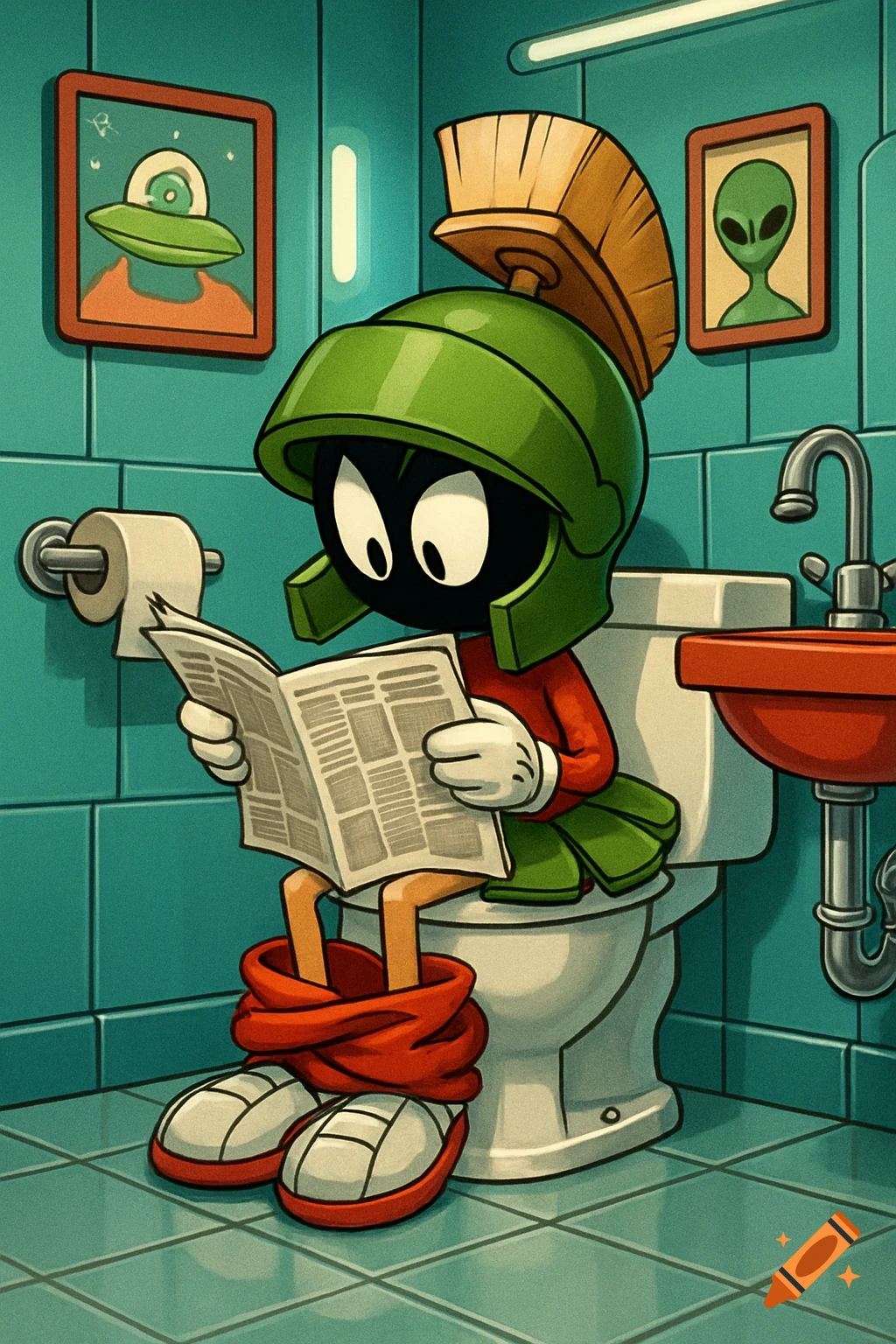 Marvin the Martian sits on a toilet with his pants down, reading a newspaper in a vibrant cartoon style bathroom.