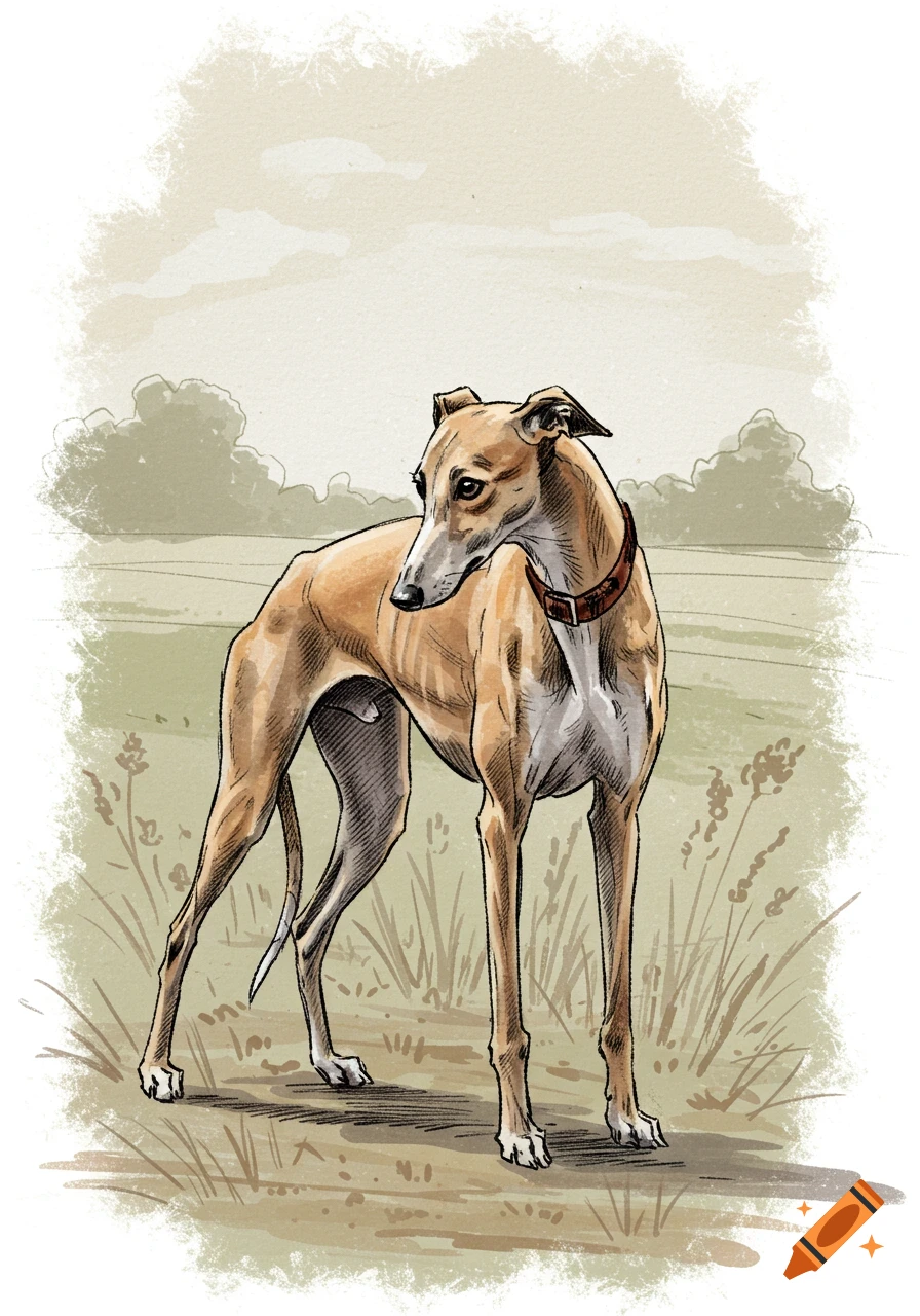 An illustrated brown greyhound standing in a field with green foliage and a light sky.