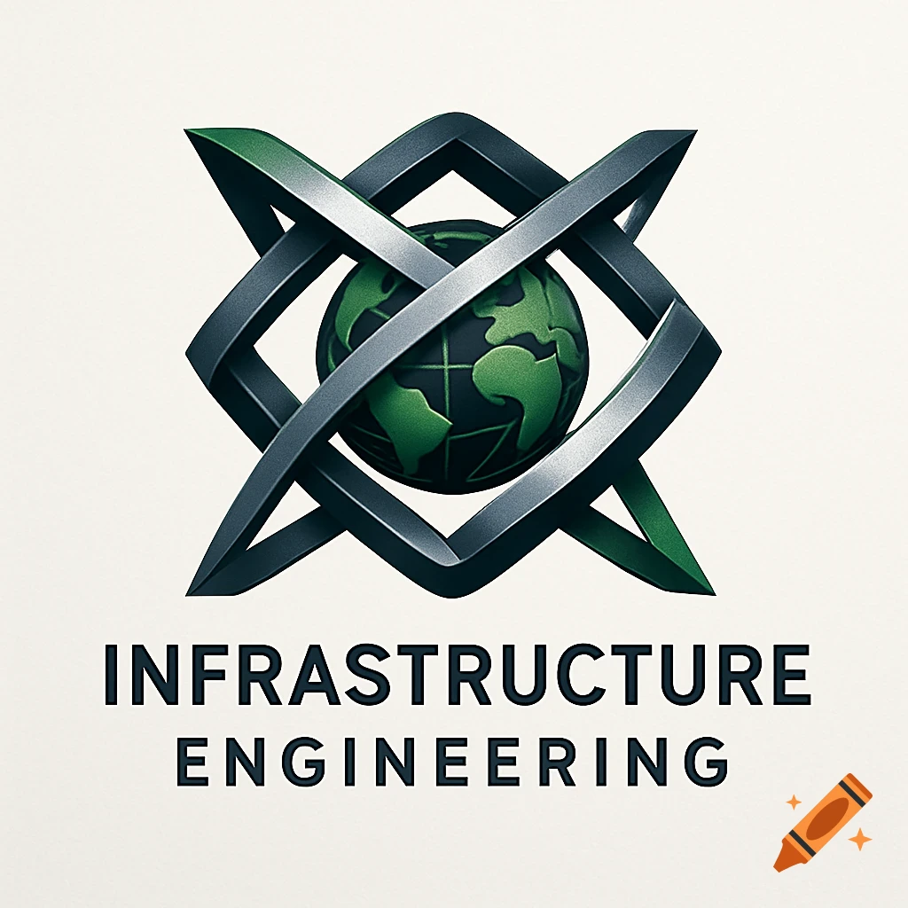 A logo featuring a green globe intertwined with dark grey and green abstract shapes, with the text 'Infrastructure Engineering' below.