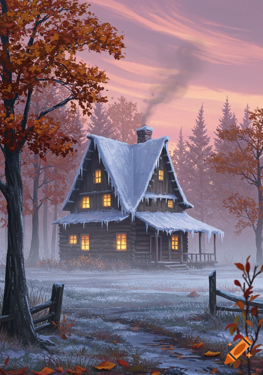 A rustic log cabin, covered in snow and icicles, glows warmly under a pink sunset sky, surrounded by autumn trees.