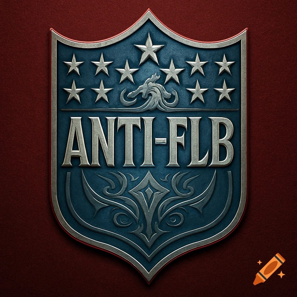 A blue and silver shield-shaped logo resembling the NFL emblem, with stars, decorative flourishes, and the text "ANTI-FLB" in the center.