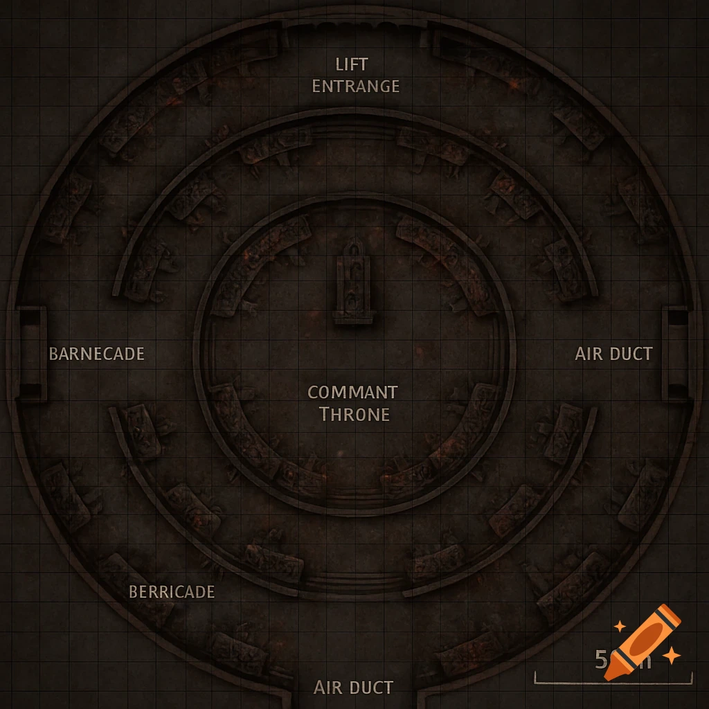 A dark, top-down map of a circular starship bridge with multiple levels of balconies, a central command throne, and labeled features like lift entrance, barricades, and air ducts. A 50-meter scale is shown.