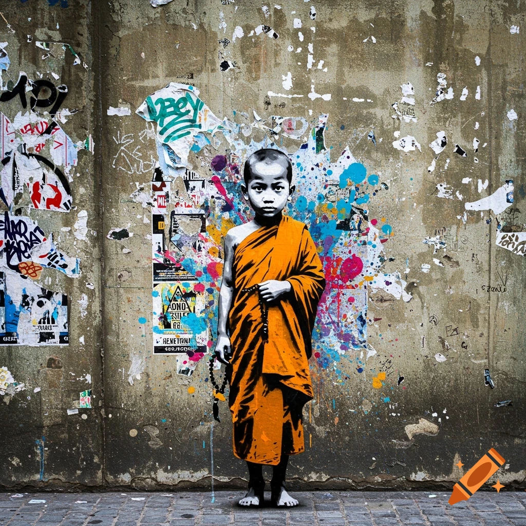 A black and white image of a child monk in orange robes, standing against a graffiti-covered, textured wall with colorful paint splatters in the style of Banksy.