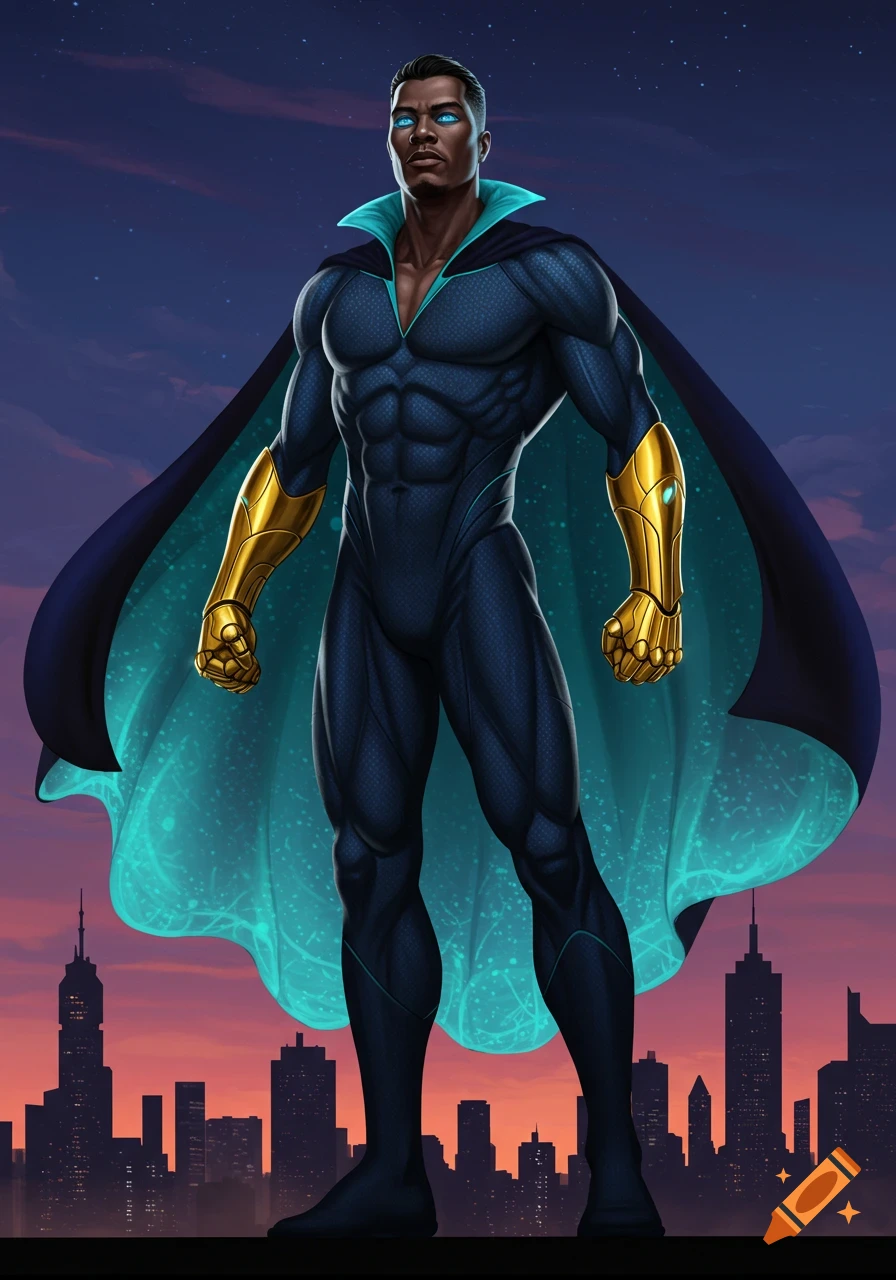 Muscular superhero in a dark blue suit, gold gauntlets, and a glowing teal-lined cape, standing over a city at dusk.