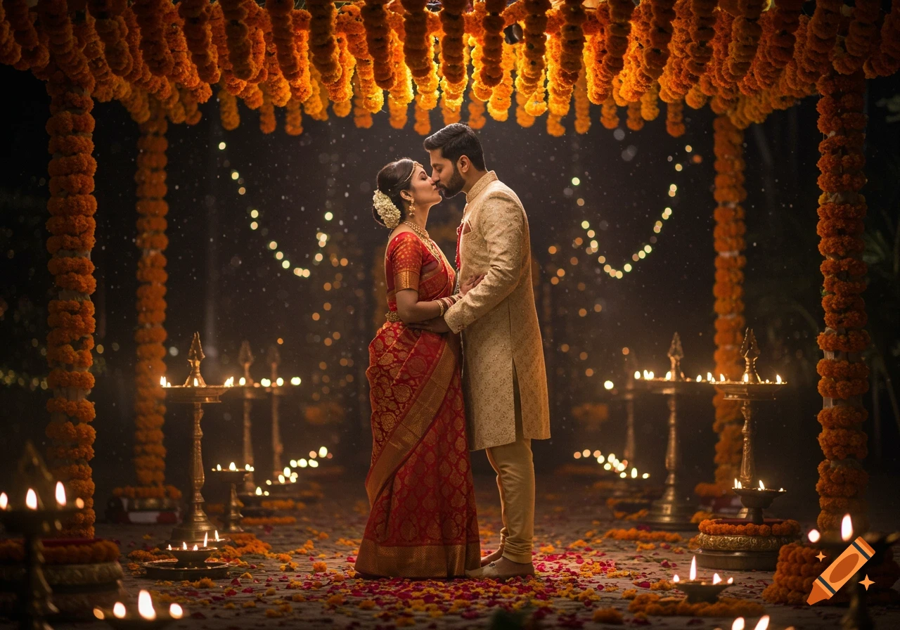 An Indian couple in traditional wedding attire kissing under a canopy of marigold flowers and glowing lamps.