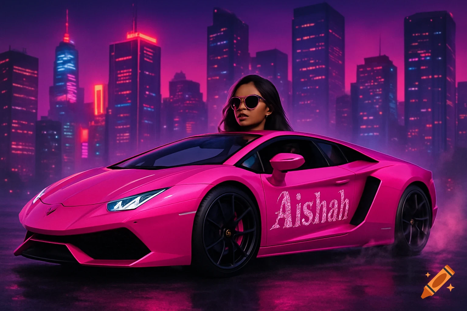 A woman in sunglasses leans from a pink Lamborghini with 'Aishah' on the side, against a neon city.